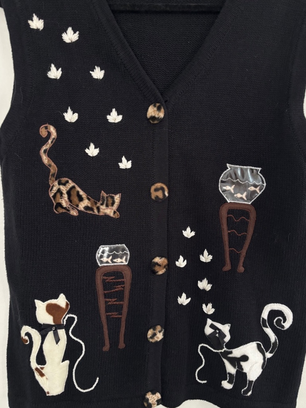Vintage Cottagecore Crazy Cat Woman Embroidered Kitty Sweater Vest leopard SZ L - Picture 2 of 5